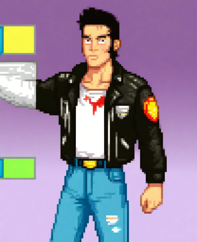 a guy who wears a leather jacket, jeans and a white shirt stained with blood. Hair a little similar to Elvis, long quiff with sideburns, chin a little square. Game character called Retro city Rampage DX character style gta 3 