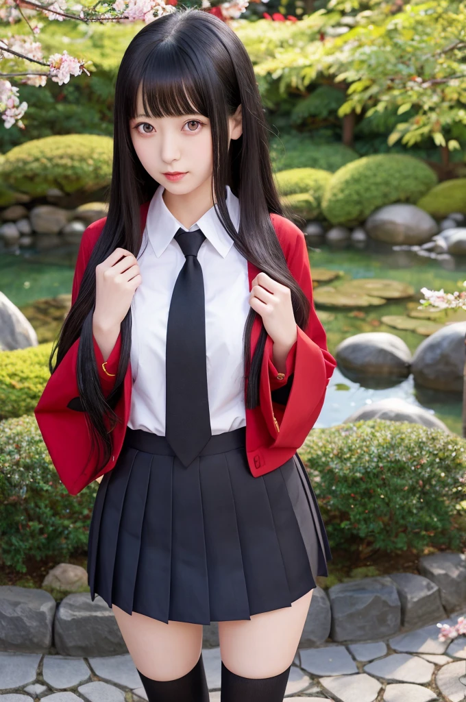 A hyper-realistic portrayal of Kaguya Shinomiya from Kaguya-sama: Love is War, (kawaii), (ero), standing in a tranquil Japanese garden at twilight, (detailed black hair:1.2), (school uniform) , mini skirt , wearing her with realistic fabric textures, ((expressive red eyes)), (school uniform), (intricate details:1.1), (serene background), (captivating atmosphere)