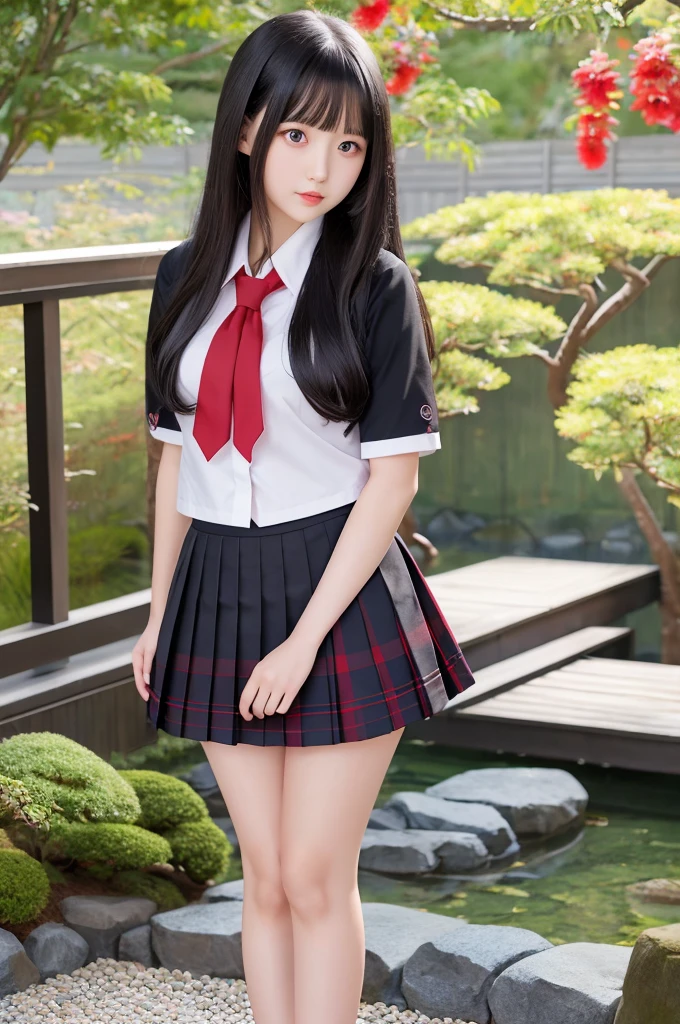 A hyper-realistic portrayal of Kaguya Shinomiya from Kaguya-sama: Love is War, (kawaii), (ero), standing in a tranquil Japanese garden at twilight, (detailed black hair:1.2), (school uniform) , mini skirt , wearing her with realistic fabric textures, ((expressive red eyes)), (school uniform), (intricate details:1.1), (serene background), (captivating atmosphere)