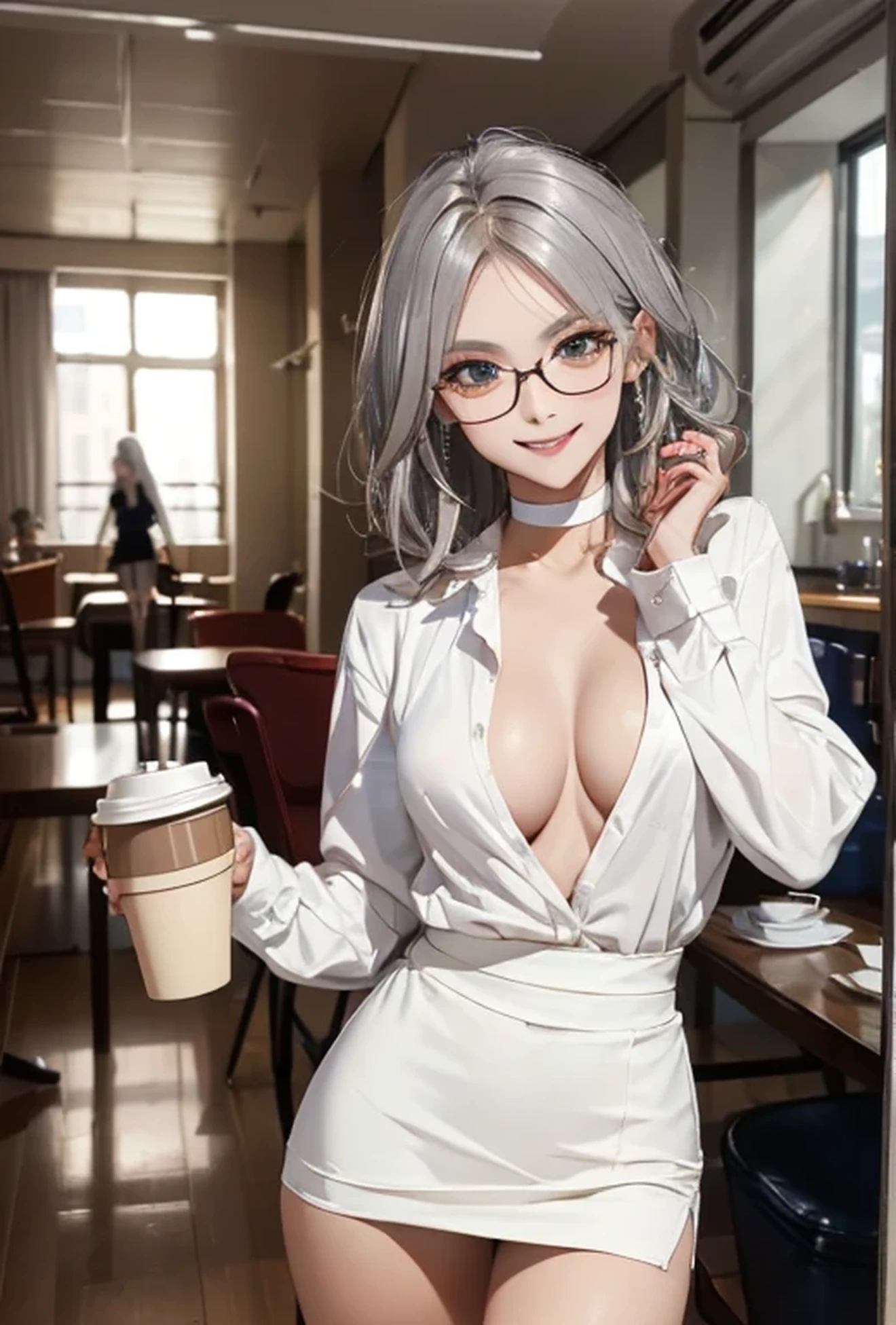 (Photorealistic:1.8, Highest quality:1.8,8K masterpiece:1.8,High resolution,Mastepiece:1.8,RAW Photos,Cinematic lighting)、Detailed Background、((Flat Color))、((colorful))、morning、Cafe、Window light、(A female secretary holding a coffee cup)、TWICE's Tzuyu' on pause、Top view angle、
(choker、Glasses、big chest、White shirt、Black Mini Skirt、Wide open chest、Beautiful thighs、Beautiful breasts)、(fun、smile、A rich expression)、(Medium Hair、Beautiful, shining red, white, brown and silver hair:1.5)、Sparkling Blue Eyes、Random Pause