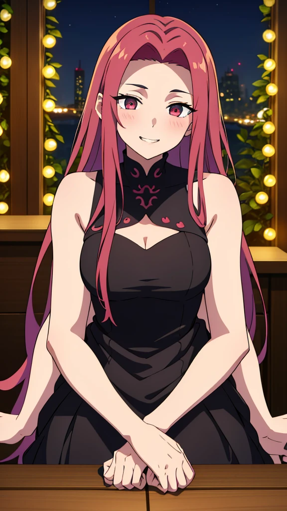 (1girl,20 years old),red hair,long hair,medusa hair,black elegant outfit, sleeveless,bare shoulders,smile,teeth,blush,extra arms,four arms,cleavage,pov across table,table,hand_on_own_face, head_rest, hand_on_own_cheek,at a party in a garden,night,looking at view,loving,dreamy, colorful, whimsical, magical, masterpiece, best quality, sharp focus, intricately detailed environment, fine detail, 8k resolution, glowing lights