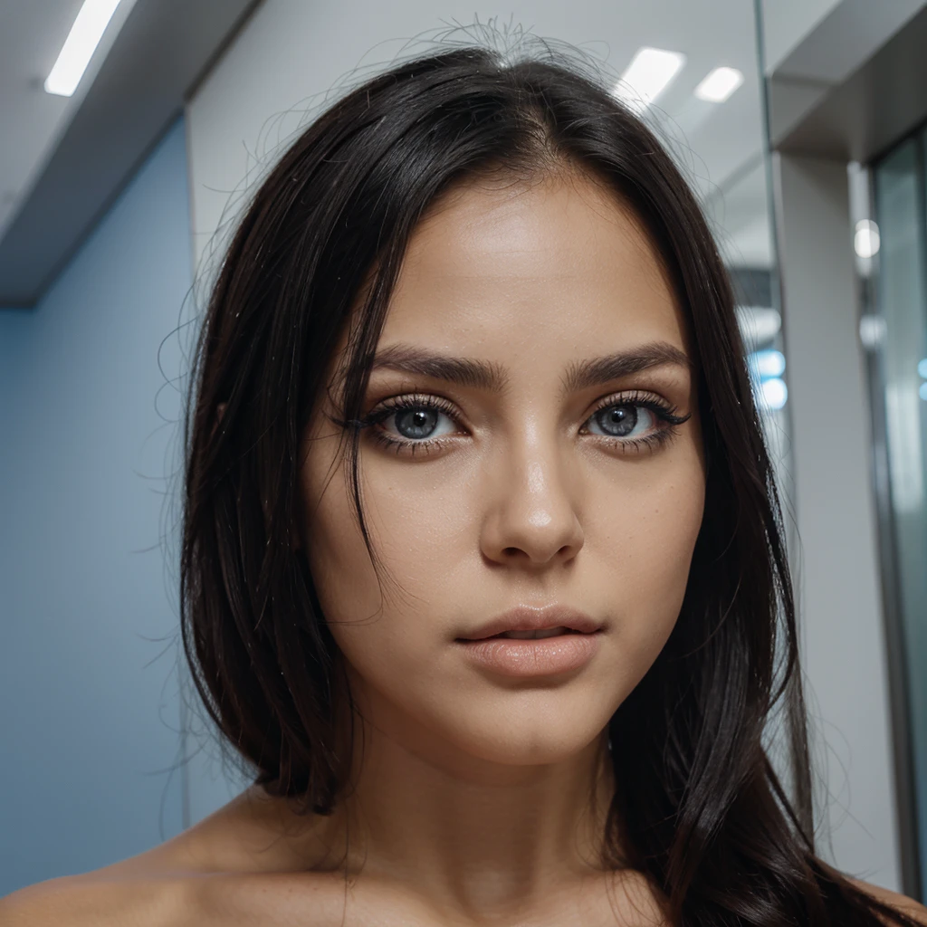 eyes black, perfect mouth, cabelo de cor azul,corpo Fit, eyes large, Brazilian