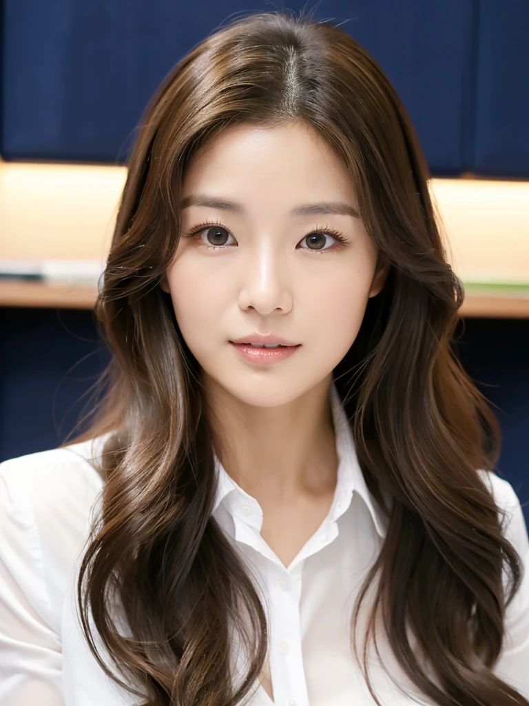 Han Julie is a young Korean woman in her 30s. Her hair is long and wavy in a dark blonde colors.
Her face is oval and marked by her large brown eyes, which carry a cold, unexpressive face. Her skin is radiant and clear, presenting an impeccable state of health and her curved lips.
Her height is medium, her body athletic and defined, with the most charming and provocative. It contrasts and matches their personalities.
She is in her office at the company wearing a navy jeans and white shirt.