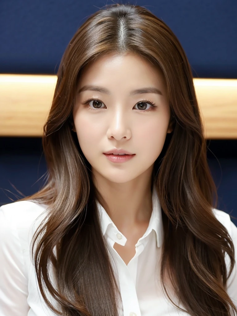 Han Julie is a young Korean woman in her 30s. Her hair is long and wavy in a dark blonde colors. 
Her face is oval and marked by her large brown eyes, which carry a cold, unexpressive face. Her skin is radiant and clear, presenting an impeccable state of health and her curved lips. 
Her height is medium, her body athletic and defined, with the most charming and provocative. It contrasts and matches their personalities. 
She is in her office at the company wearing a navy jeans and white shirt. 