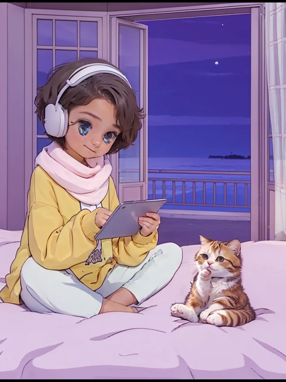 Disney,kid,girl,,cat orage and white,see sunset,beach,bonfire,animation,cartoon,black short hair,