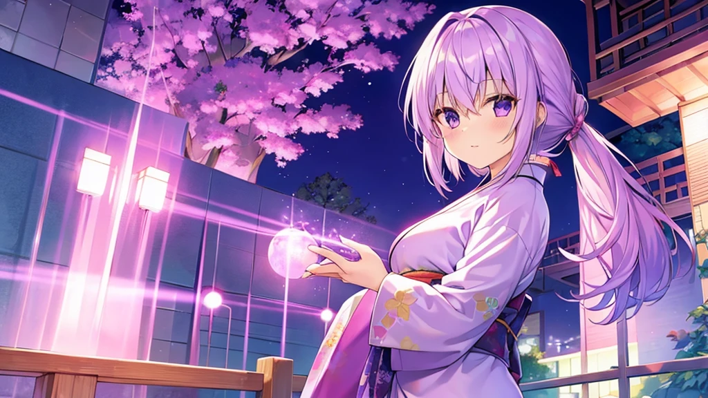 woman　clear　Light purple hair　　kimono　　Anime Style　Night garden
