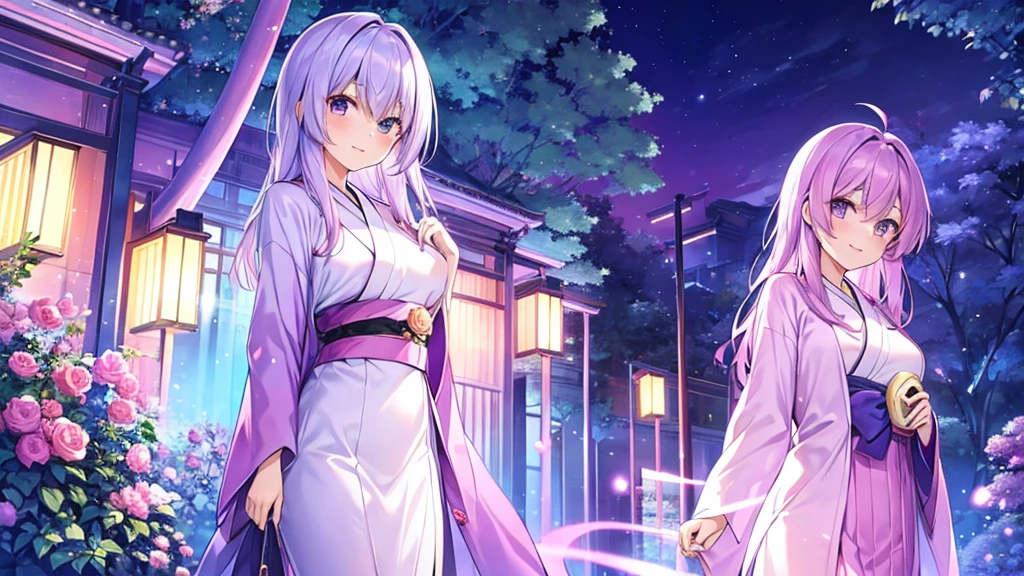 woman clear Light purple hair kimono Anime Style Night garden