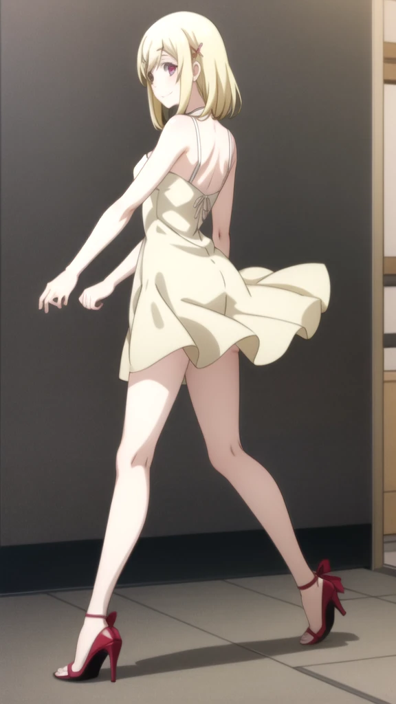 a woman from the front in underwear, black color , Ecchi anime style, , anime shading with black heels Yamada_yellow, 1chica , by rubio, alone, wide, hair ornament, , smile, bow, red eyes my dress darling anime, beautiful seductress anime