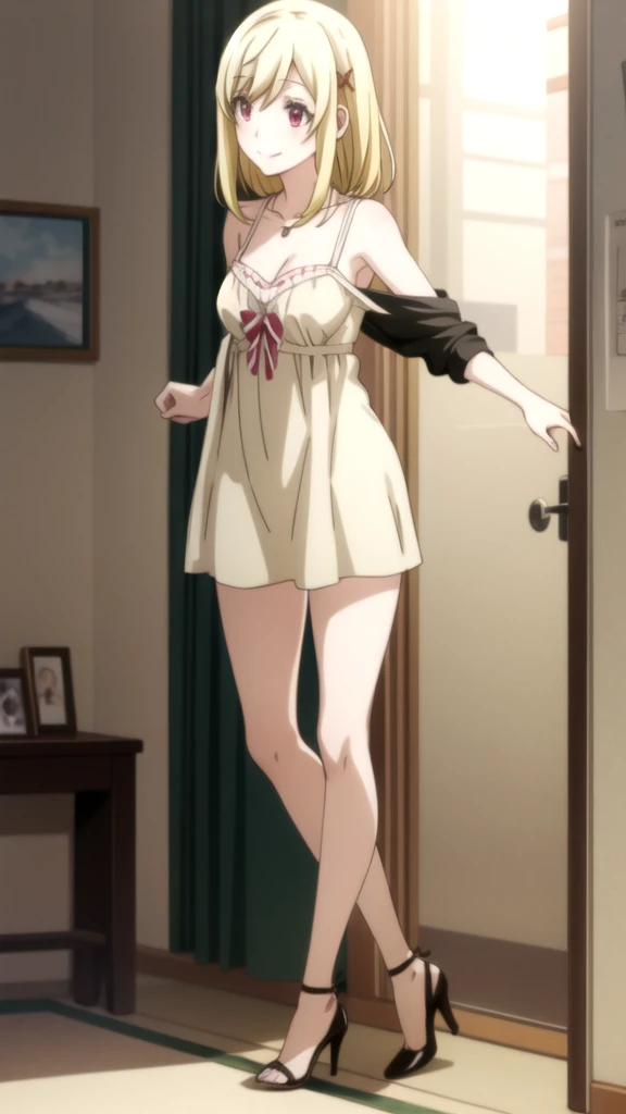 a woman from the front in underwear, black color , Ecchi anime style, , anime shading with black heels Yamada_yellow, 1chica , by rubio, alone, wide, hair ornament, , smile, bow, red eyes my dress darling anime, beautiful seductress anime