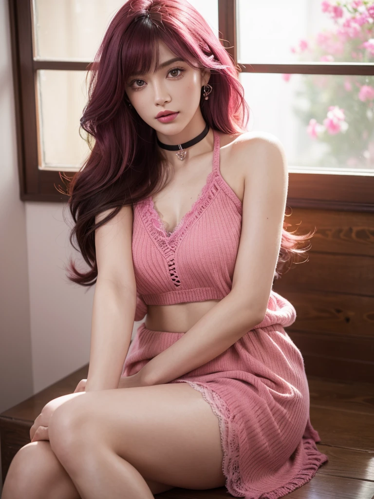 1girl, alone, solitary, high quality, (best quality,4k,8k,highres,masterpiece:1.2),ultra-detailed,(realistic,photorealistic,photo-realistic:1.37),gorgeous hair,fuchsia hair,long curly hair with bangs,sharp eyes,mole under the eye,plump lips,jewelry,(high detailed skin:1.4),(rim lighting:1.3),(lit:1.3),(sunny day:1.3),portrait,beautiful lips,waist-length hair,seductive gaze,moles,casual clothes,colorful clothing,close up,super long hair,choker necklace,tattoos,tattooed,light eyes,bangs,fringe,20 year old,dimples on the cheeks,dimples,fuchsia hair,sharp eyebrows,fuchsiahair,magenta,magenta hair,bright fuchsia hair,lace,elegant