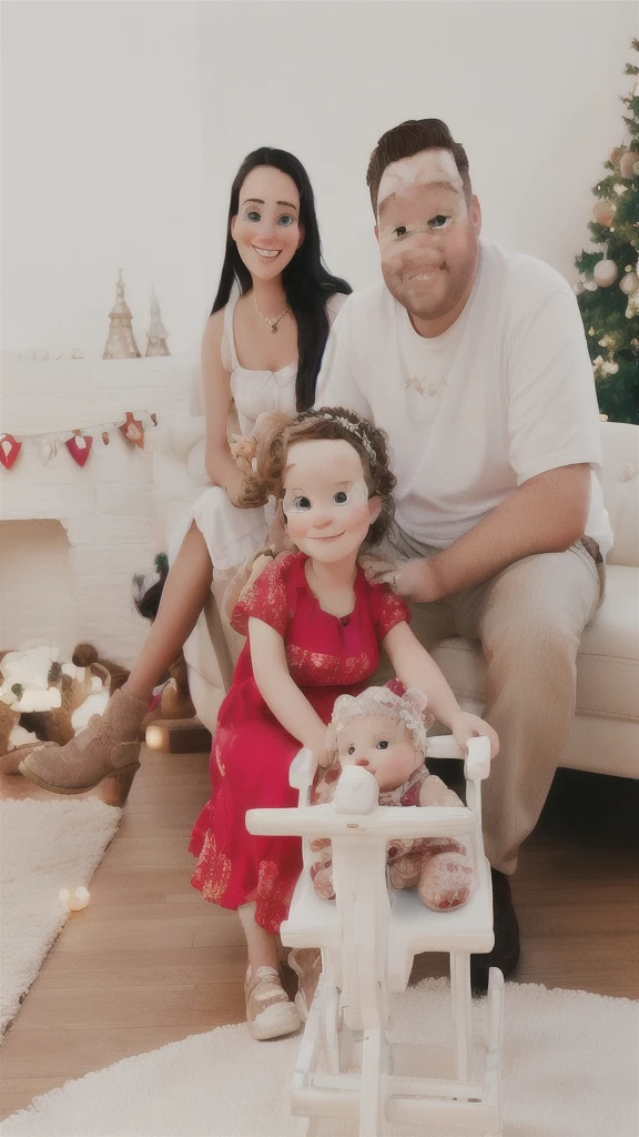 Disney pixar masterpiece style, best quality, there is a man and woman sitting on a couch with a baby, family photography, portrait image. Disney style. 0.36