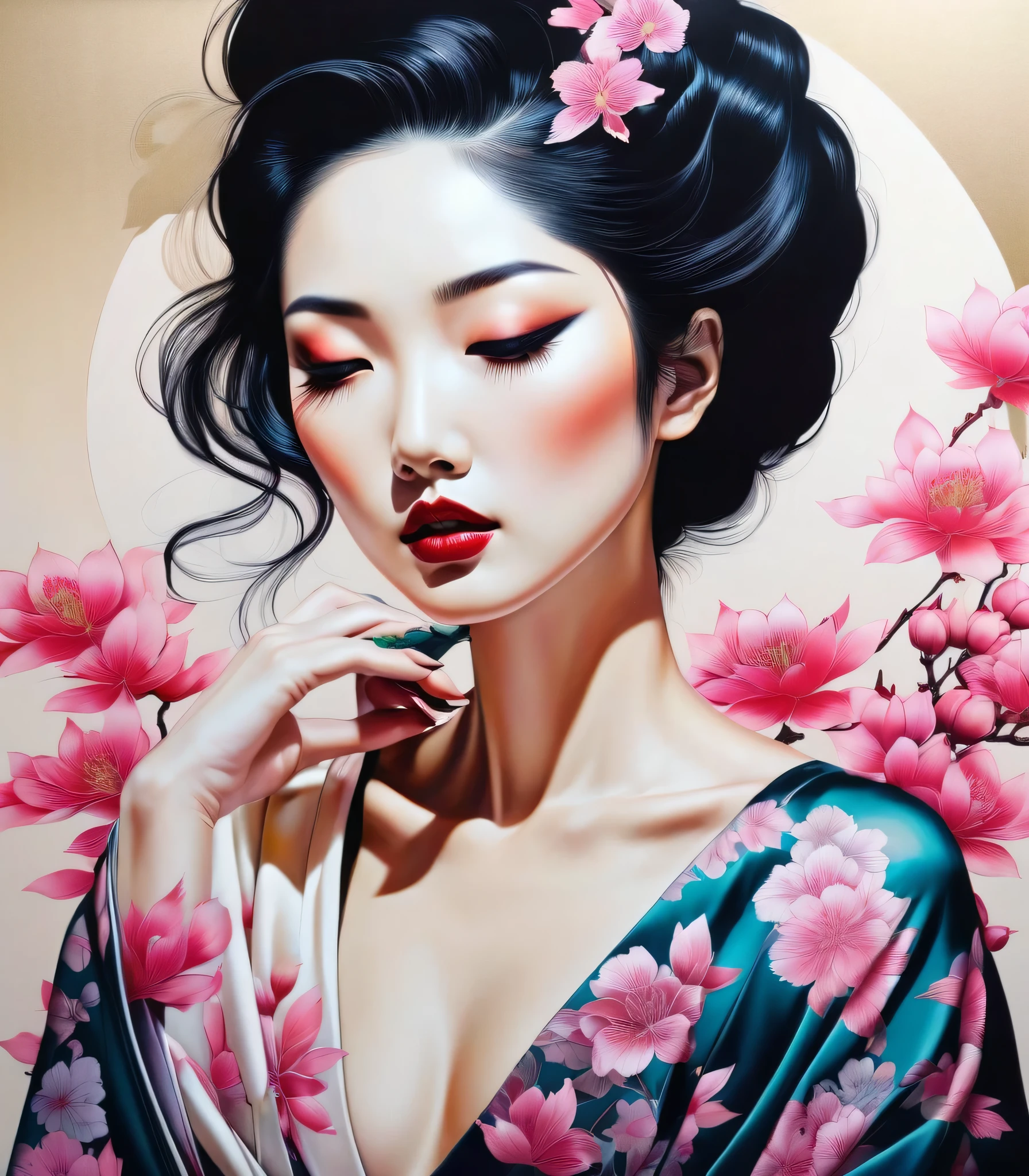 chiaroscuro technique on sensual illustration of an elegant asian, vintage , matte eerie, silky matte painting, by Hannah Dale, by Harumi Hironaka, extremely soft colors, vibrant, highly detailed, digital artwork, high contrast, dramatic, refined, tonal, Focus on touch, connection, and relaxation