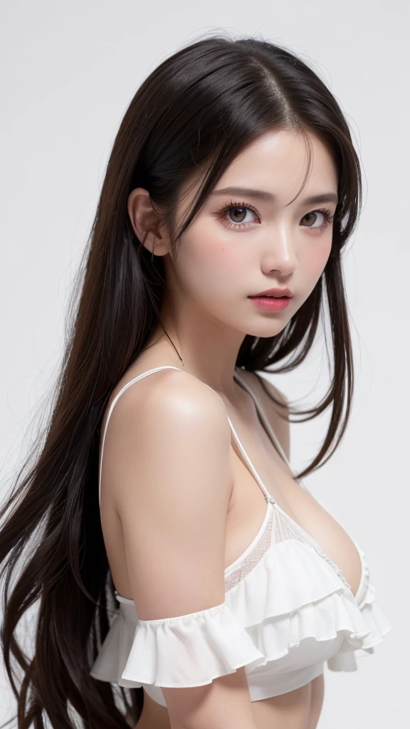 (((forehead、Northern Europe、White people、beautiful girl、Black Hair、White background、Summer clothes、Frills、race、long hair)))、table top, highest quality, figure, super detailed, finely, High resolution, 8k wallpaper, Perfect dynamic composition, detailed and beautiful eyes, Deco out,bionde, super big breasts, Natural color lip,white background, random cute poses,