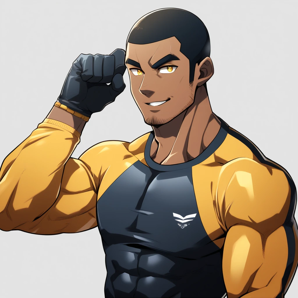 anime characters:Gyee, Young Muscle Sports Student, ????? black skin, Buzz Cut, Manliness, male focus, Dark yellow long sleeve tight T-shirt, Slightly transparent texture, Very tight, Slightly transparent, muscular male, muscular, only, Upper body, alone, Black short hair, Thick eyebrows, stubble, Yellow eyes, Grey background, simple background, amazing quality, best aesthetics, Ridiculous, bright pupils, crew cut, parted lips, seductive smile, torogao, naughty face, best quality