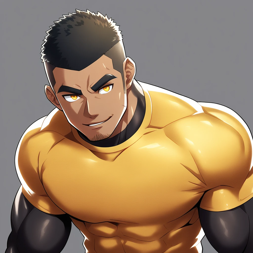 anime characters：Gyee, Young Muscle Sports Student, negro black skin, Buzz Cut, Manliness, male focus, Dark yellow long sleeve tight T-shirt, Slightly transparent texture, Very tight, Slightly transparent, muscular male, muscular, only, Upper body, alone, Black short hair, Thick eyebrows, stubble, Yellow eyes, Grey background, simple background, amazing quality, best aesthetics, Ridiculous, bright pupils, crew cut, parted lips, seductive smile, torogao, naughty face, best quality