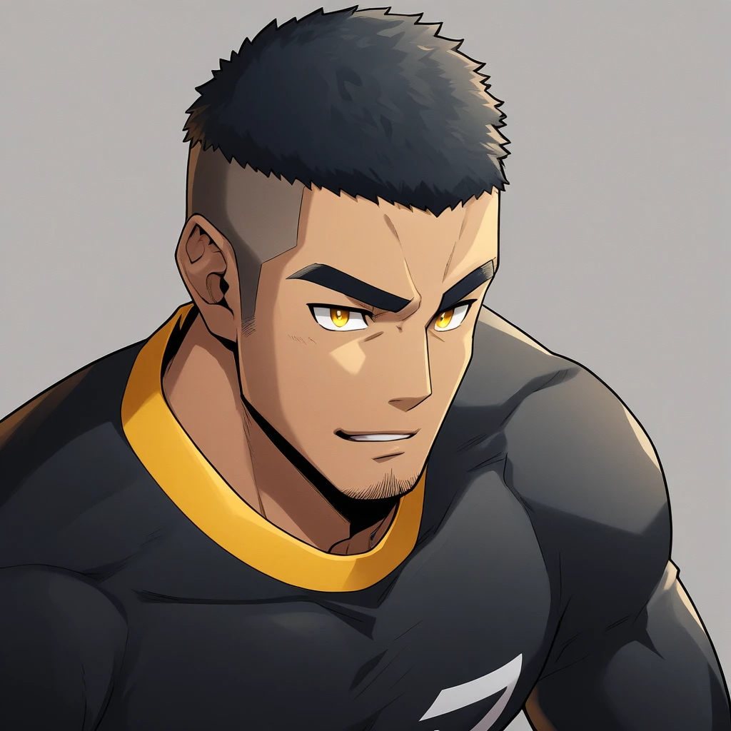 anime characters:Gyee, Young Muscle Sports Student, negro black skin, Buzz Cut, Manliness, male focus, Dark yellow long sleeve tight T-shirt, Slightly transparent texture, Very tight, Slightly transparent, muscular male, muscular, only, Upper body, alone, Black short hair, Thick eyebrows, stubble, Yellow eyes, Grey background, simple background, amazing quality, best aesthetics, Ridiculous, bright pupils, crew cut, parted lips, seductive smile, torogao, naughty face, best quality