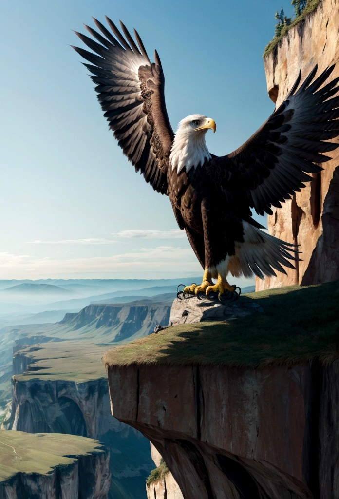 Eagle observing its surroundings from the top of a cliff, with a vast valley below.