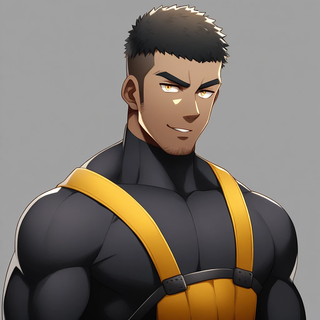 anime characters:Gyee, Young Muscle Sports Student, negro black skin, Buzz Cut, Manliness, male focus, Dark yellow long sleeve tight T-shirt, Slightly transparent texture, Very tight, Slightly transparent, muscular male, muscular, only, Upper body, alone, Black short hair, Thick eyebrows, stubble, Yellow eyes, Grey background, simple background, amazing quality, best aesthetics, Ridiculous, bright pupils, crew cut, parted lips, seductive smile, torogao, naughty face, best quality