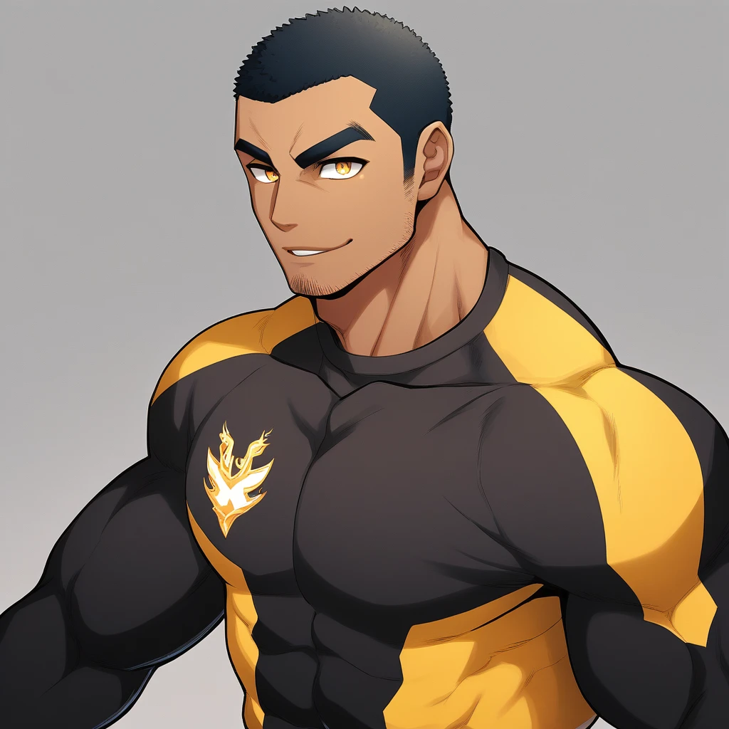 anime characters：Gyee, Young Muscle Sports Student, negro black skin, Buzz Cut, Manliness, male focus, Dark yellow long sleeve tight T-shirt, Slightly transparent texture, Very tight, Slightly transparent, muscular male, muscular, only, Upper body, alone, Black short hair, Thick eyebrows, stubble, Yellow eyes, Grey background, simple background, amazing quality, best aesthetics, Ridiculous, bright pupils, crew cut, parted lips, seductive smile, torogao, naughty face, best quality