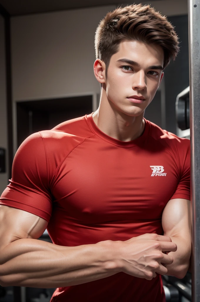 Create a Brad persona who is 15 years old, muscular in a 4x4 photo and has BPGYM written on his red shirt 