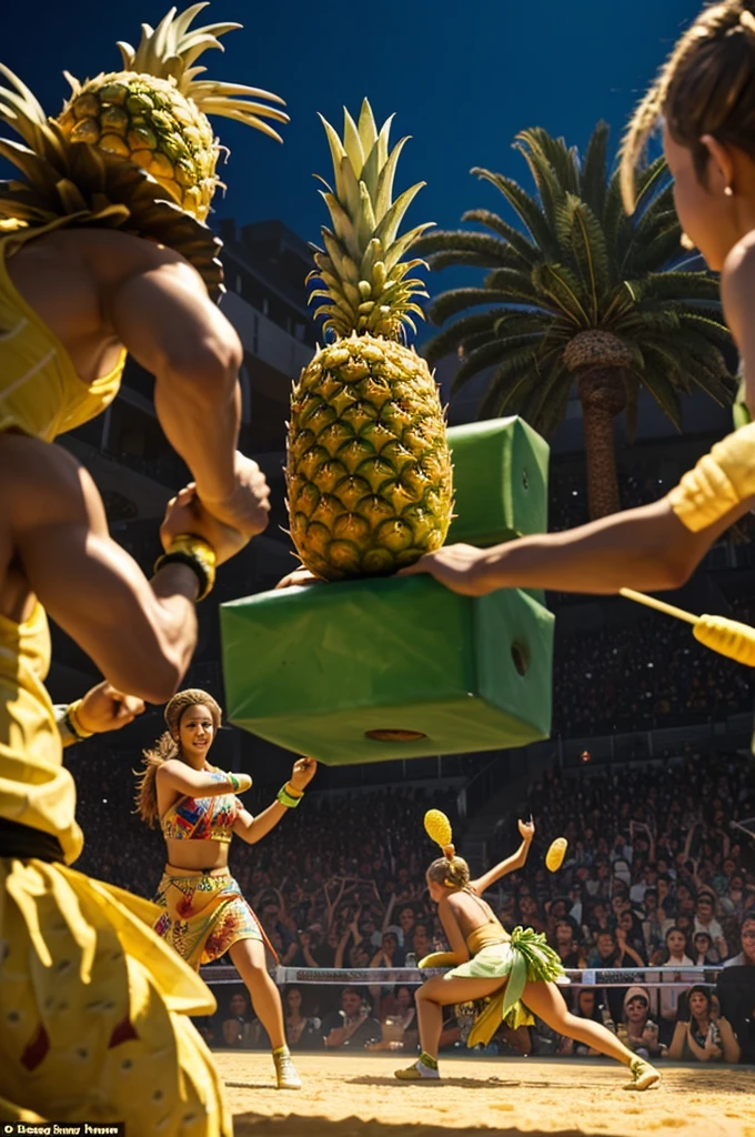 In the foreground an animated pineapple and a melon fighting on top of a clandestine ring and around people cheering the fight which the pineapple wins