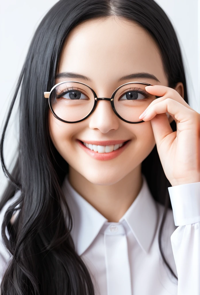 masterpiece, best quality, very aesthetic, absurdres,
1girl, solo, black hair, long hair,
sirmont16A, glasses,
collared shirt, happy, smile, looking at viewer, adjusting eyewear, white background, simple background,