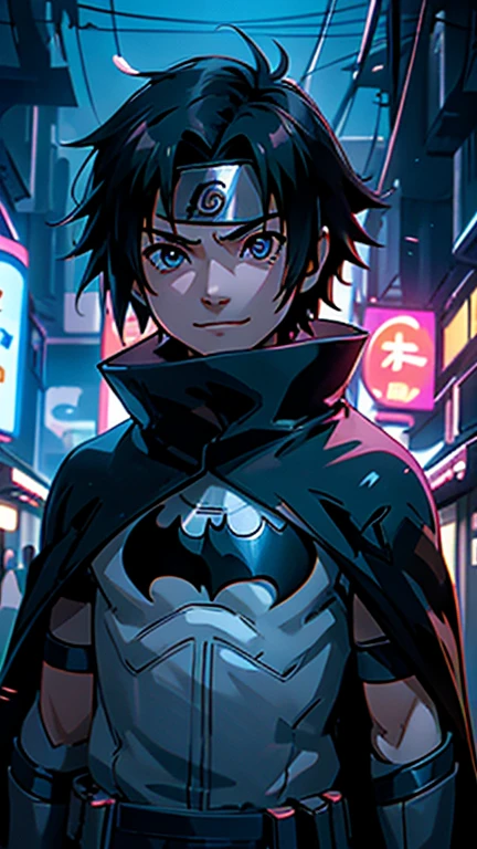 (8k),(masterpiece),(Japanese),(8--old ),((innocent look)),((Childish)),From the front,smile,cute,Innocent,Kind eyes,Flat chest, Uchiha Sasuke wearing Batman Costume,Black Cape,Short,Hair blowing in the wind,Black Hair,Strong wind,night,dark, Neon light cyberpunk Konoha village