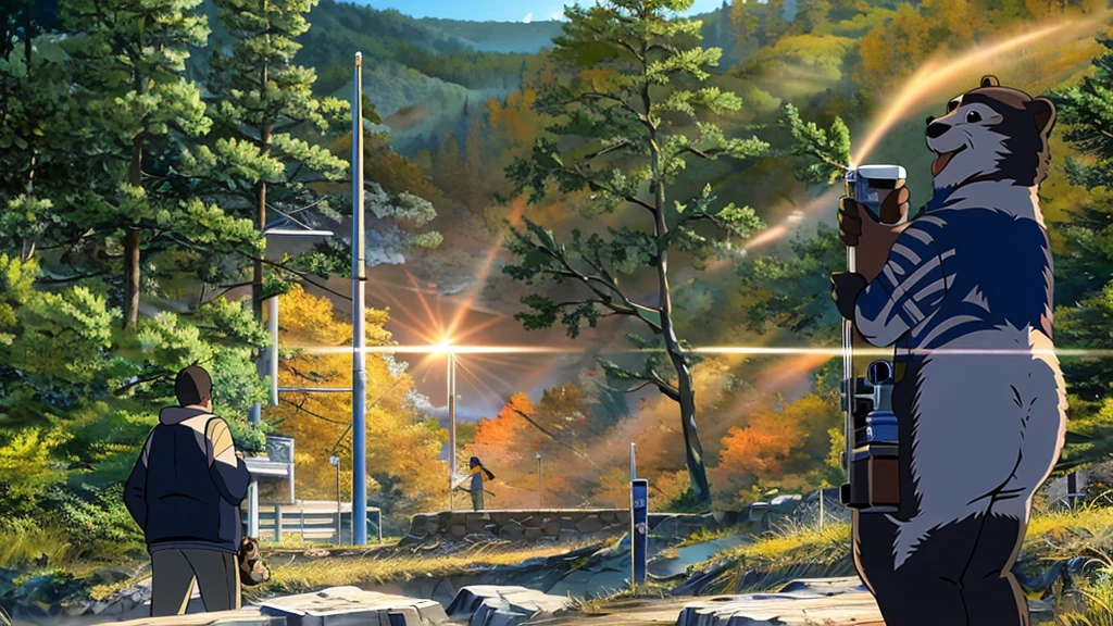 (masterpiece), (best quarity), (high detailed), A man is spraying bears with bear repellent spray, Hot Photos, Muzzle flash, Angry Bear, Spraying liquid, Grizzly, impressive winning photo, Great shots, Great art, Crazy special effects, Breathtaking shots, Giant bear-human hybrid, Alaska, Escape from the bear, Fierce Appearance, crap, bear