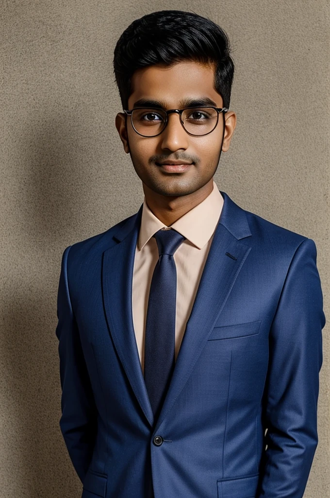 26 year old indian boy With fair skin Wearing spectacles and narrow body Posing for a linkedin picture in formals