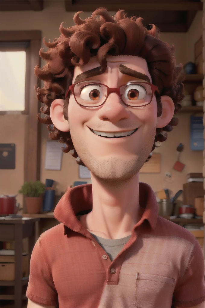 Man with red shirt, jeans and curly hair Mouth shut