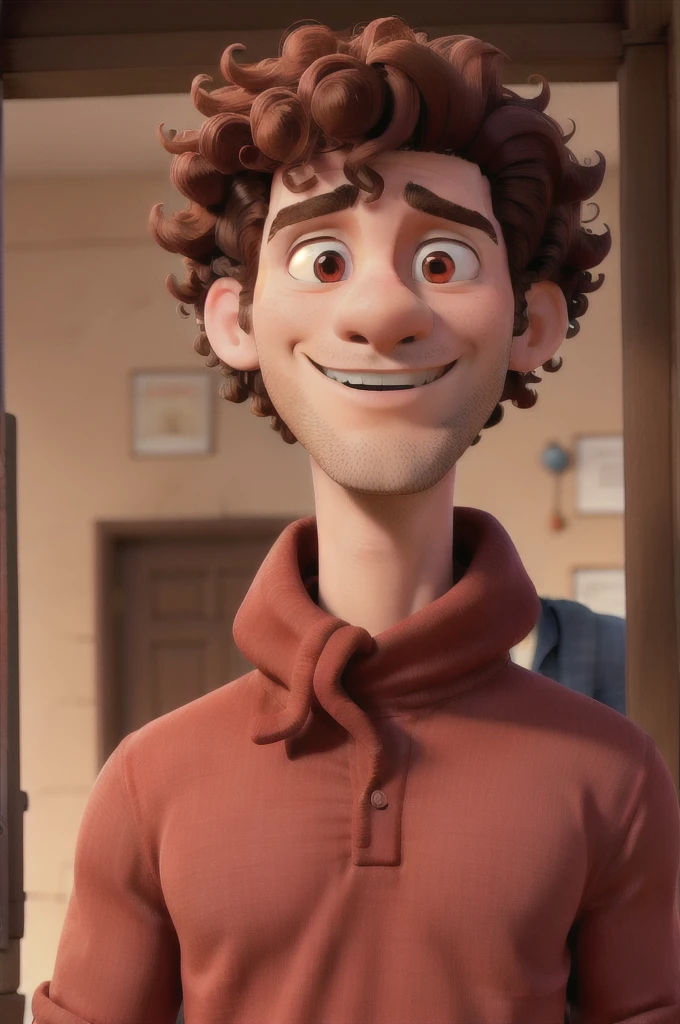 Man with red shirt, jeans and curly hair Mouth shut