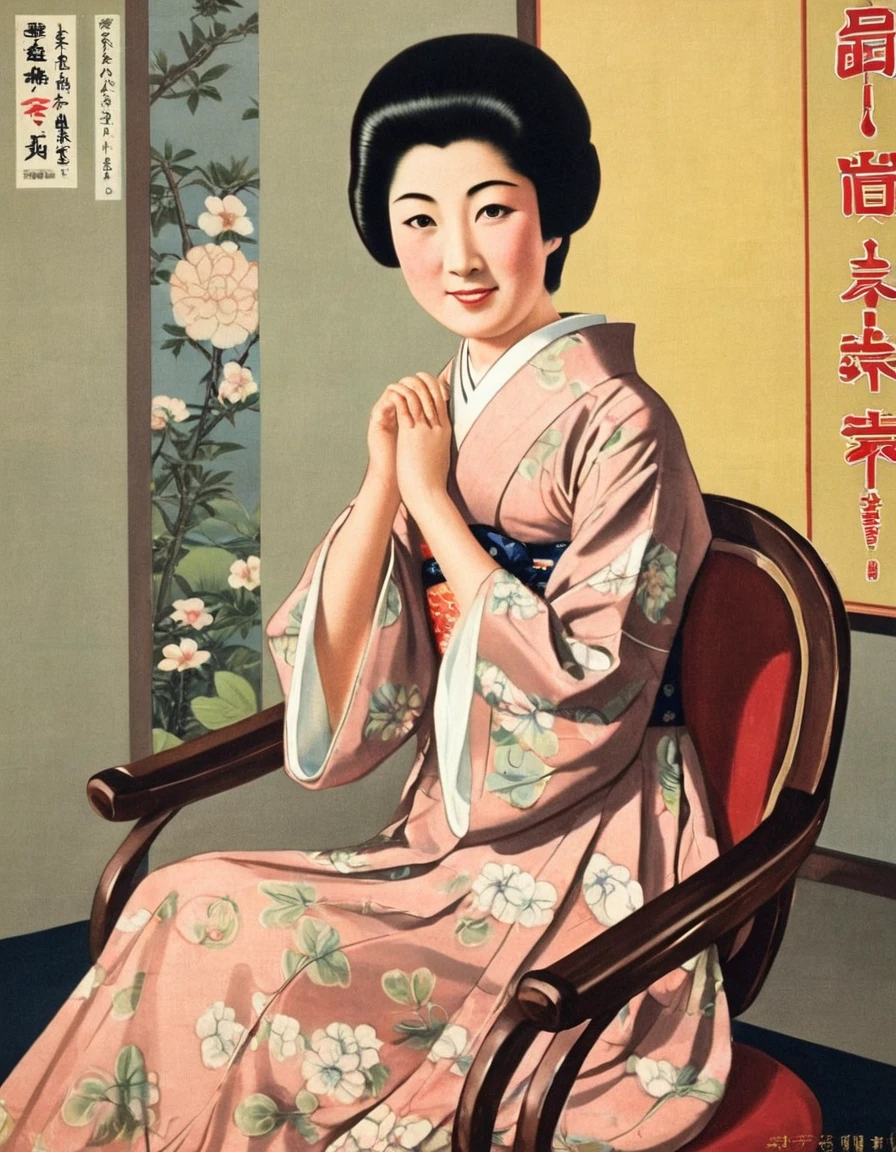 Highest quality、masterpiece、Japanese posters from the 1930s、Realistic、Retro Image、One Japanese woman、　　18th century dress、Pompadour、Black Hair、Sitting on a chair in the room、Close-up