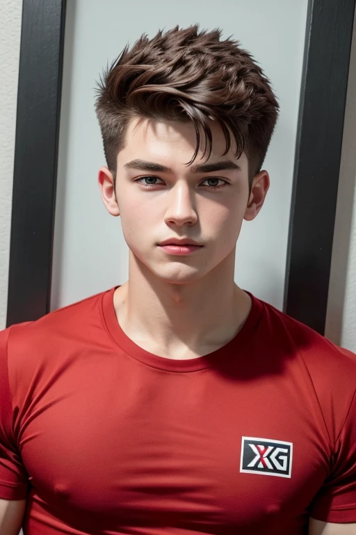 Create a Brad persona who is , muscular in a 4x4 photo and has BPGYM written on his red shirt, make the writing bigger please