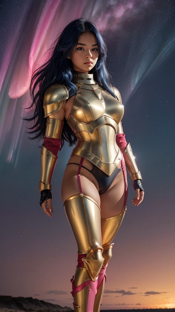 ((best quality)), ((masterpiece)), (ultra detailed lights), ((full body shot)), indonesian girl, extremely beautiful, ultra face details, 20 years old, ((blue curvy-hair)), ((hair blown by strong winds :1.3)), Award-winning photograph, photography of a teen girl, slim face, extremely beautiful, ultra details armor, ultra details skin, sharp armor texture, crisp picture, ((full make ups)), ((pink blushing)), ((red lips)), ((wearing tight steel-armor)), ((full body armor)), ((tight latex panty)), ((thighs armor)), ((slim body shape)), ((24k-gold and black armor)), no head cover, ((symmetrical body pose)), model posing in the middle, night at beach, full of stars, red clouds, nebula, ((aurora borealis)), shooting stars, from below