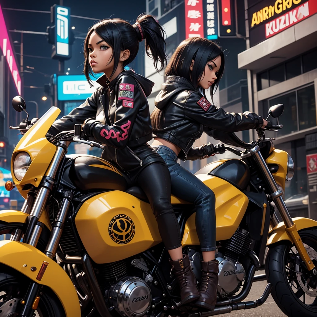 ""girl similar to gorillaz noodles, ((drawing)), ((anime girl nose)) a woman sitting on top of a motorcycle next to a dog, cyberpunk art, by Ren Bonian, afrofuturism, hip hop album cover , tattoo style, dorohedoro, lebron james in gta v cover art, fleshy - cyborg - zombie, made of metal, antwoord style outfit, jojolion cover art style, black woman, rhythm