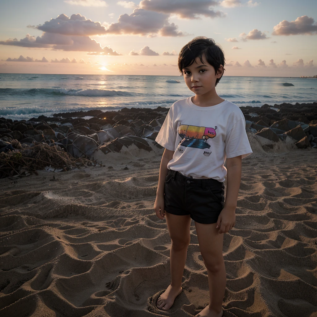 Disney,,girl,12 years old,cat orage and white,see sunset,beach,bonfire,animation,cartoon,black short hair,