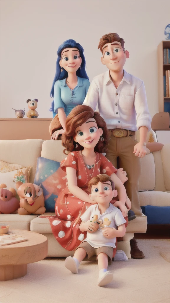 Disney pixar masterpiece style, best quality, there is a man and woman sitting on a couch with a baby, family photography, portrait image. Disney style. 0.61