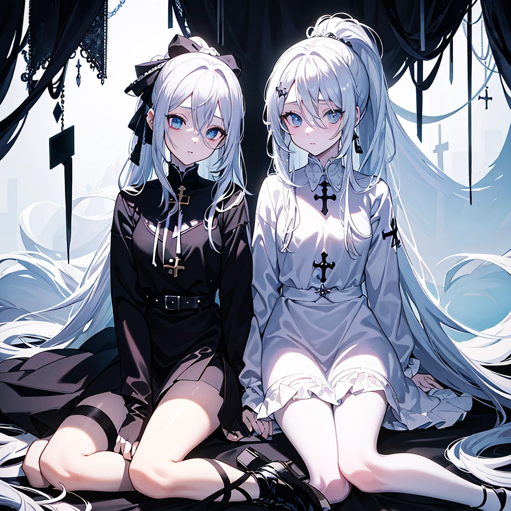 A girl: work of art, anime design, pele pálida e cabelos long white. [ Anime hentai classic; sexly; detailded]. The simple background, but very gothic(sinister forest)with a ghostly bluish background. hairs: long white, wavy with two locks on the face and tied with a ponytail. eyeballs: cor dd mel, cky and shiny, being highlighted in the image and with a cross in place of the pupil, being a bright white cross like a star. stance: the character is looking at the viewer, sitting on a bed with a cute expression and rosy cheeks with a small and cute mouth.