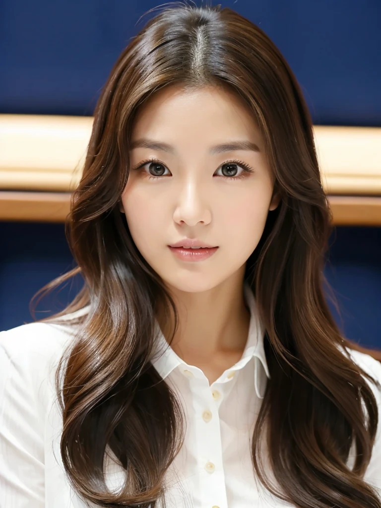 {2.5D art style} Han Julie is a young Korean woman in her 29s. Her hair is long in a dark-blue color.
Her face is oval and marked by her large brown eyes, which carry a cold, unexpressive face. Her skin is radiant and clear, presenting an impeccable state of health and her curved lips.
Her height is medium, her body athletic and defined, with the most charming and provocative. It contrasts and matches their personalities.
She is in her office at the company in the night lights wearing a black shirt and formal pants