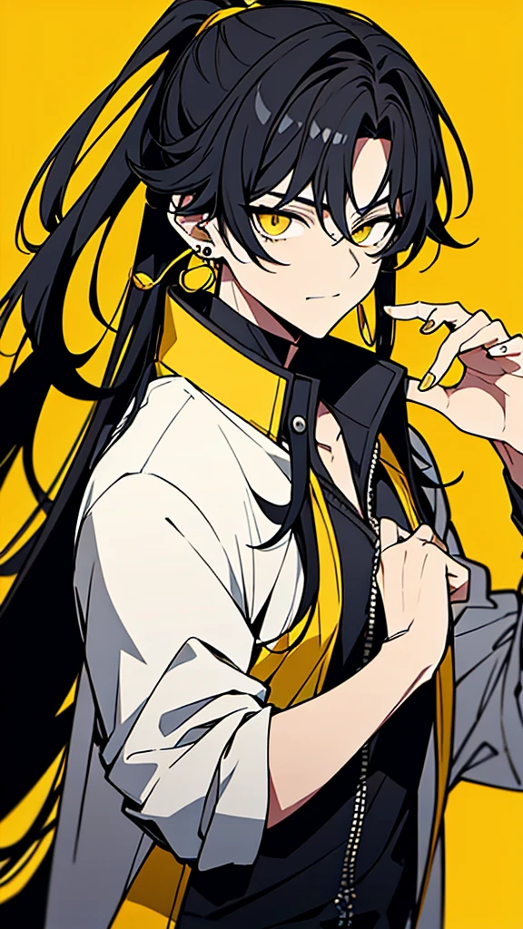Male character with black hair with a half ponytail and a yellow jacket black eyes u. Black collar, black shirt, anime style, manga style and long hair that is from an anime drawing. With a black shirt with yellow earrings and a yellow jacket with blood. 
