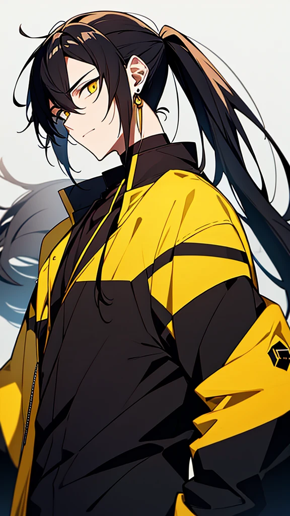 Male character with black hair with a half ponytail and a yellow jacket black eyes u. Black collar, black shirt, anime style, manga style and long hair that is from an anime drawing. With a black shirt with yellow earrings and a yellow jacket with blood.