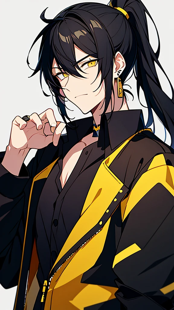 Male character with black hair with a half ponytail and a yellow jacket black eyes u. Black collar, black shirt, anime style, manga style and long hair that is from an anime drawing. With a black shirt with yellow earrings and a yellow jacket with blood.