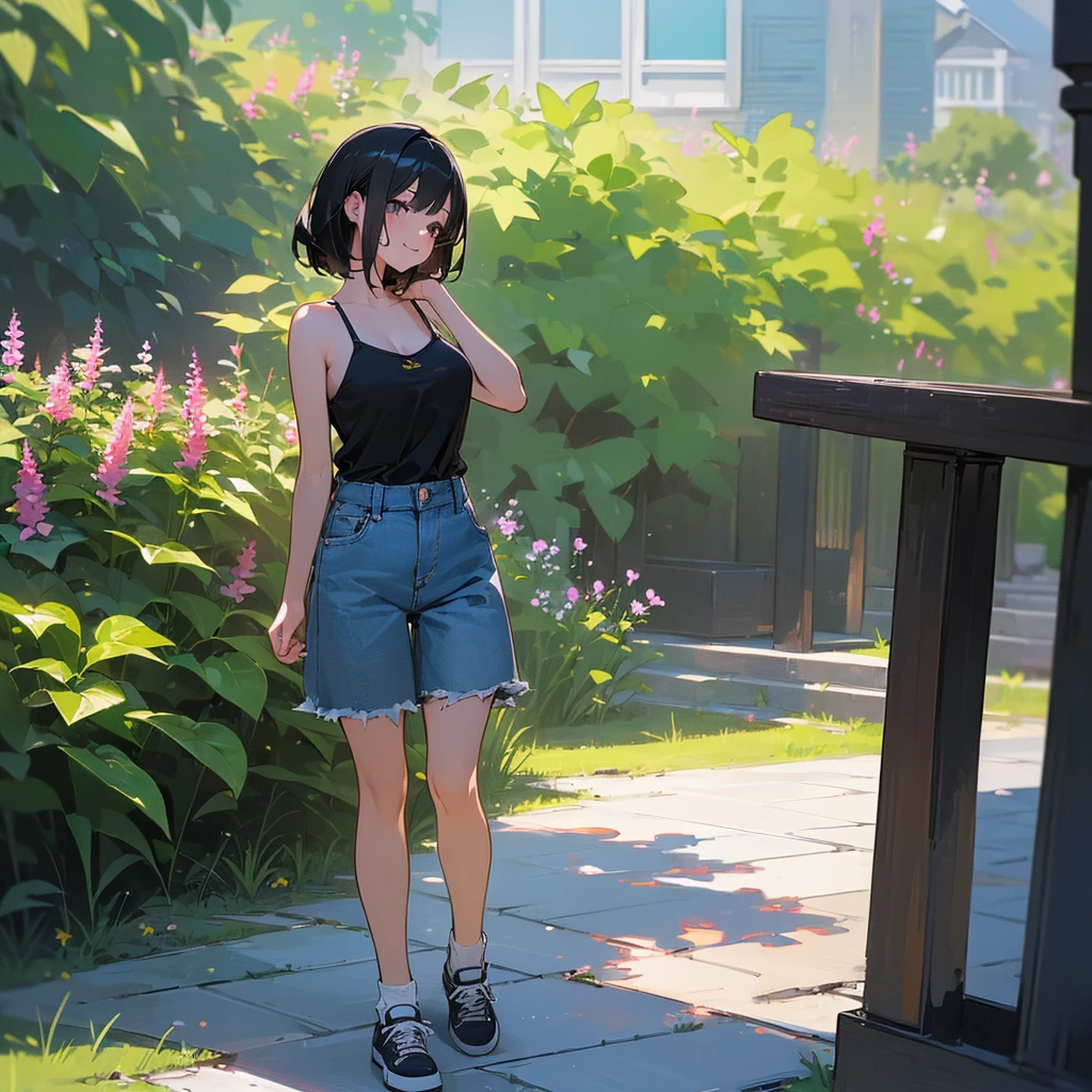 (high quality, High resolution, Very detailed, reality:1.37), Peaceful atmosphere, (Outdoor, garden),  girl standing alone, (my breasts are big.), Beautiful details, Cute Smile, (Black bob hair), camisole, Denim shorts, Black tights, sneakers.