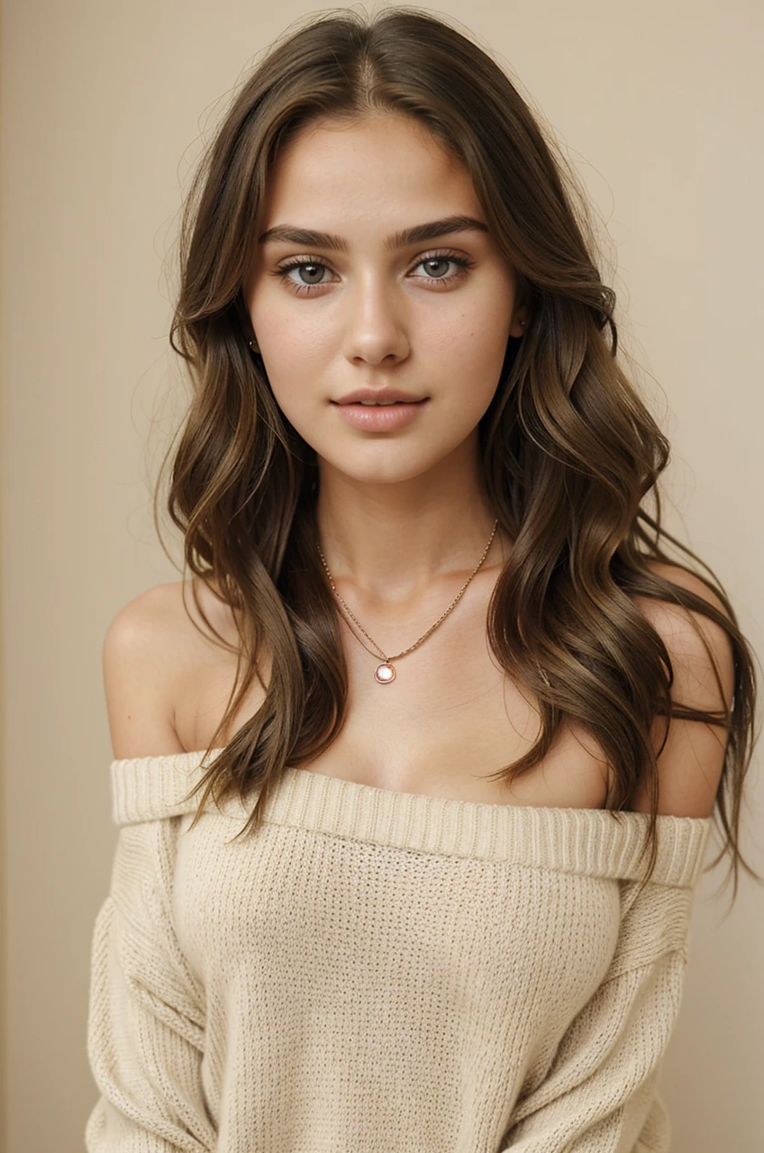 hot cute girl 18 year old, solo, long hair, breasts, looking at viewer, blonde hair, bare shoulders, brown eyes, jewelry, full body, necklace, off shoulder, sweater, lips, realistic, nose, flirting with camera, holding roses