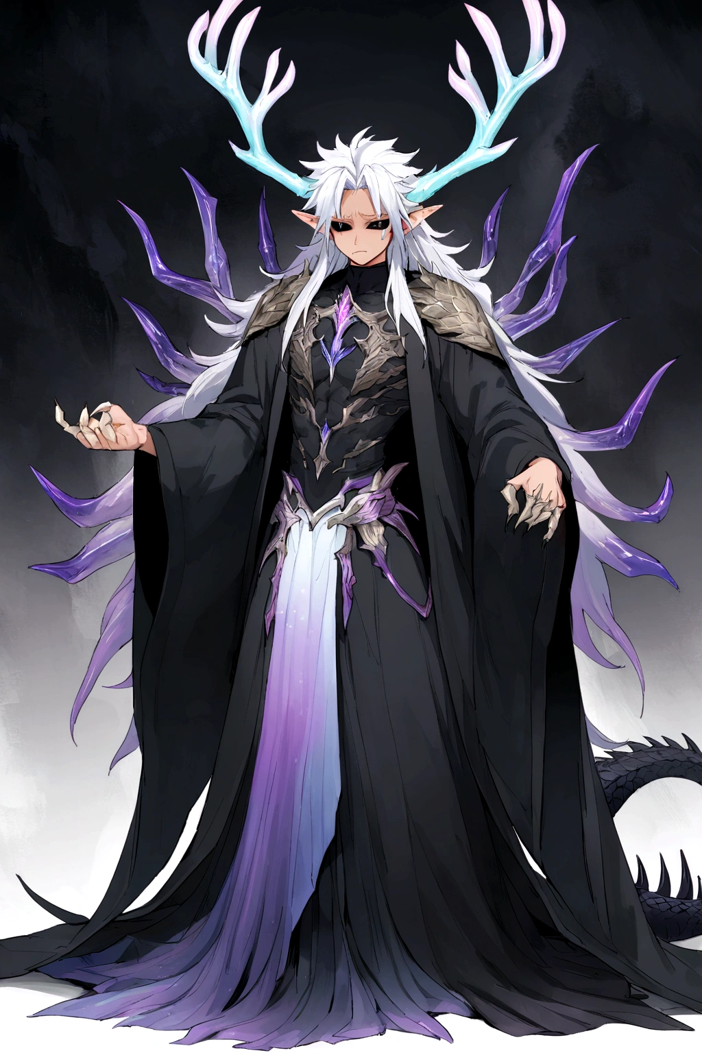 Solo, male teen, Character fusion: Nibelung fused with nidhoggr, odin and sun wukong, tall tanned man with wild unruly white hair, bangs on face, bangs, ((iridescent irises)), black sclera on eyes, long voluminous hair, spiky hair, pointy ears, fit , clawed fingers, dragon tail, open haori, turtleneck tanktop, dark crystal antlers, exhausted expression, khaenr'ah abyss, draconic person, calamity incarnate, full body