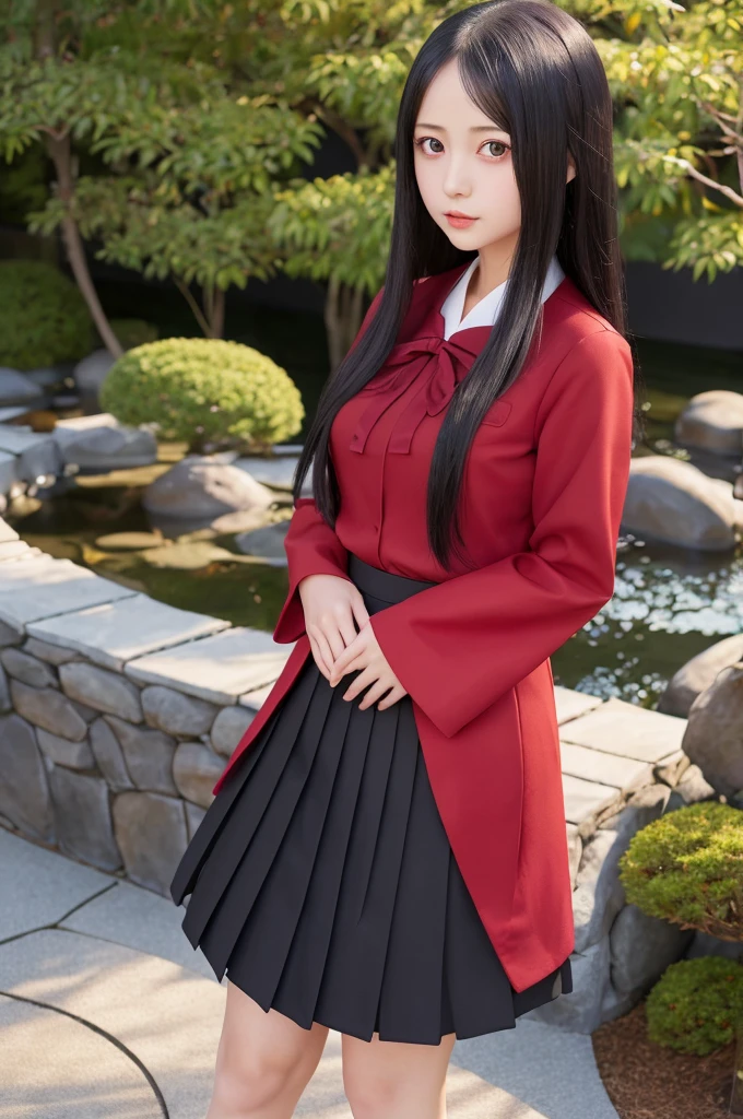 A hyper-realistic portrayal of Kaguya Shinomiya from Kaguya-sama: Love is War, (kawaii), (ero), standing in a tranquil Japanese garden at twilight, (detailed black hair:1.2), (school uniform) , long skirt , wearing her with realistic fabric textures, ((expressive red eyes)), (school uniform), (intricate details:1.1), (serene background), (captivating atmosphere)