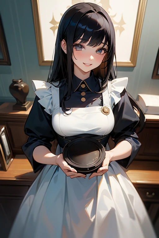 (Highest Resolution, clear_image) Highest quality, One woman, alone, masterpiece, Very detailed, Semi-realistic, Black Hairのショートヘア, Black Hair, bangs, 18-year-old, mature, light blue uniform, uniform, Indoor Background, kind, Authoritative, Powerful, exquisite features, exquisite features、Eyelashes become longer、Showing teeth、smile😀、Maid clothes、woman'Fingers in the、Sleeping on the sofa、Long Hair、Fluttering in the wind、Navy blue clothes、Long Hair、I'Carrying the plate、Long Hair、Laugh gently、(Twin tails).