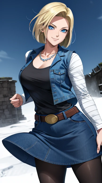 best quality, high-res, and18, 1girl, android 18, solo, blonde hair, blue eyes, belt, blue demin bodycon micro skirt, gold necklace, black shirt, short hair, long sleeves, white striped sleeves, earrings, open vest, blue denim vest, large breasts, cowboy shot, forest, straight-on, (weather: windy), combat stance, full length pantyhose, battle ruins, wide hips, shy smile,