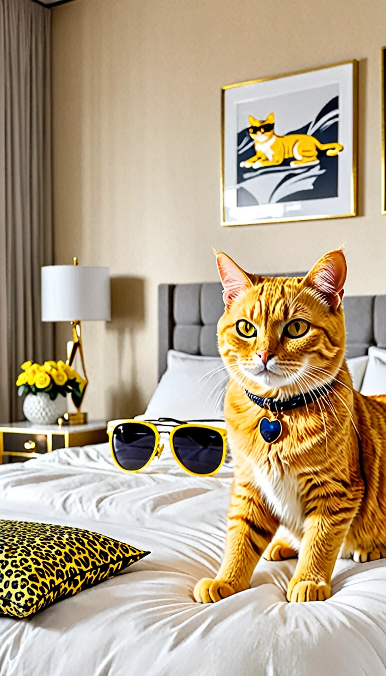 The bedroom full of luxurious decorations. In the center of the bedroom is a large king-size bed, and on top of the bed are sunglasses and accessories. The yellow cat is standing next to the bed.