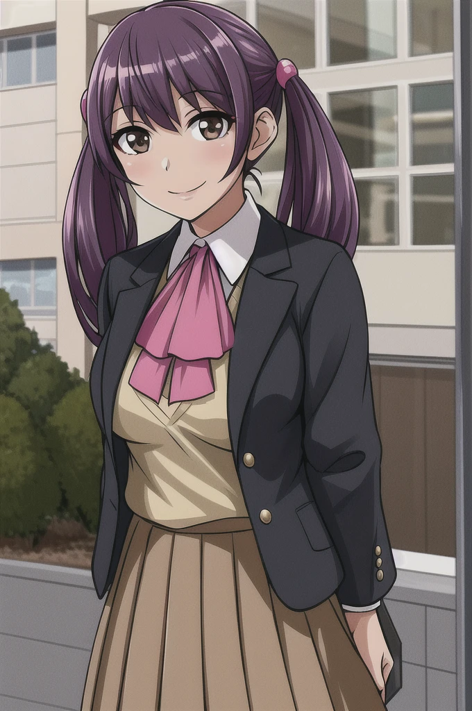 masterpiece, best quality, detailed face, detailed eyes,  HUDaniela, purple hair, brown eyes, medium breasts, skirt, sweater, twintails, smile, ascot, standing, school, outdoors,